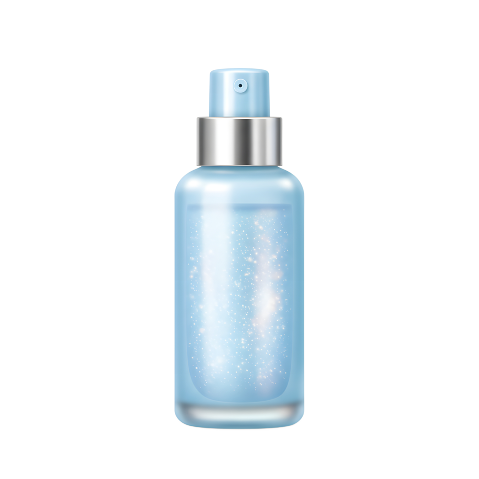 A light blue mist bottle with silver accents contains shimmering liquid, often used for skincare and hydration. png