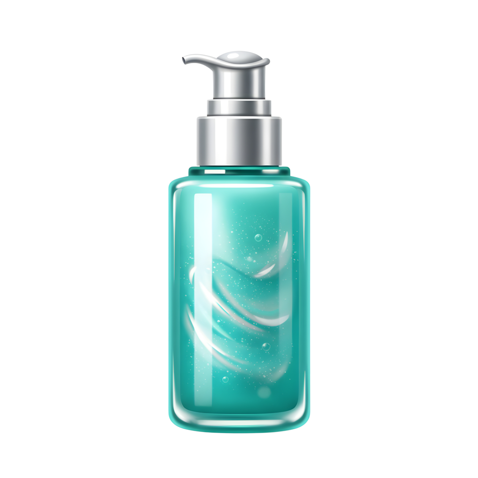 A bottle filled with turquoise liquid containing white swirl elements, providing visual appeal for personal care or cosmetic purposes. png