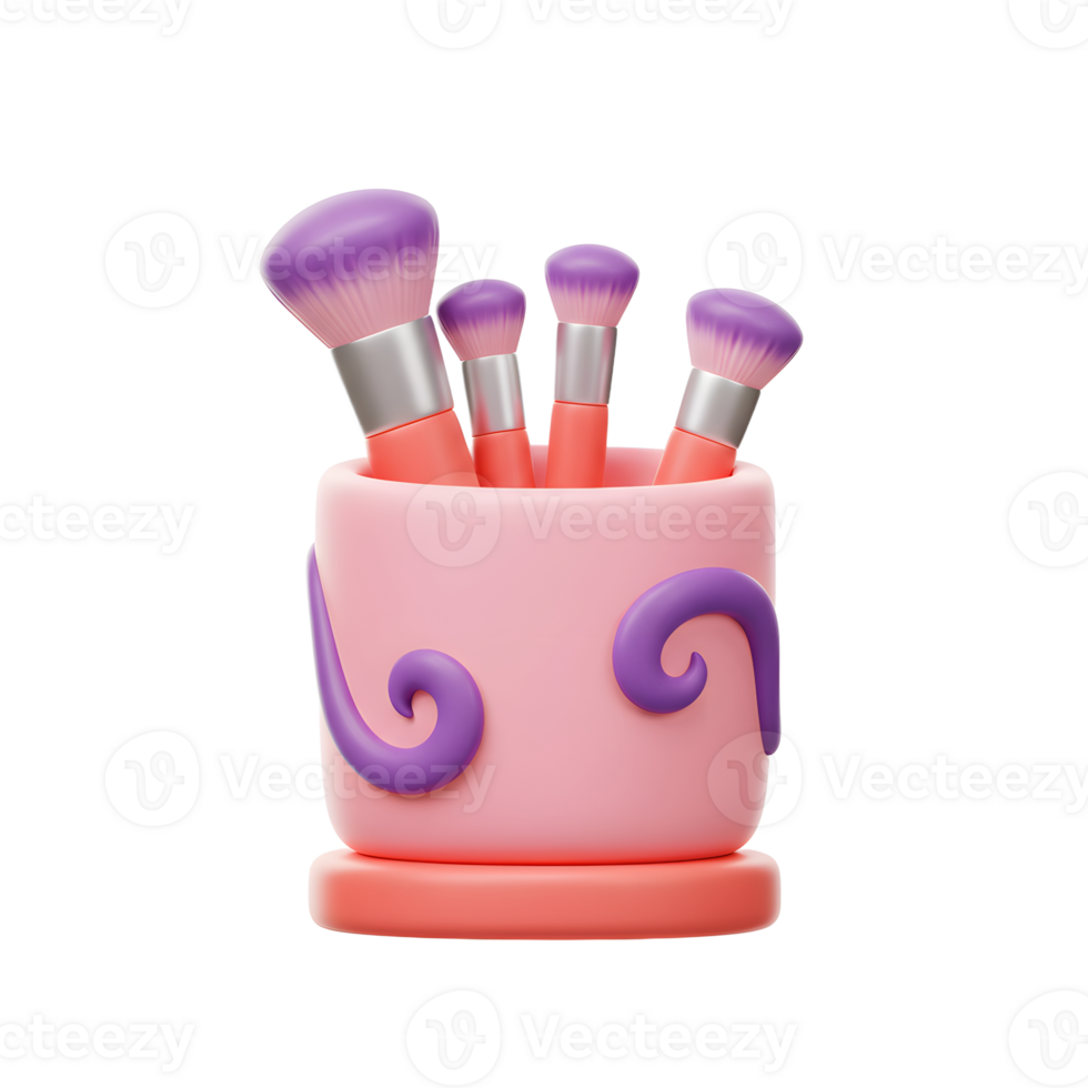 Several makeup brushes are in a pink holder with purple decorations, perfect for illustrating cosmetics and beauty product organization. png