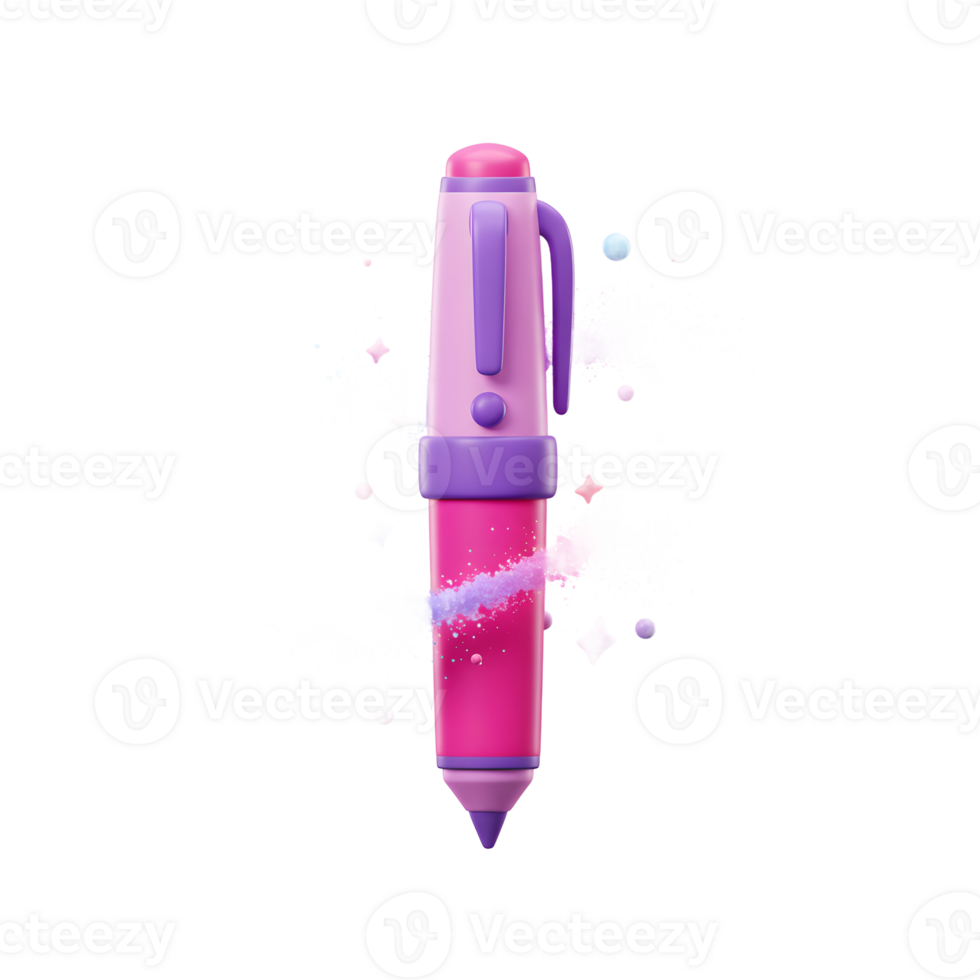 A pink and purple pen is surrounded by a swirling trail of blue and pink dust, creating a whimsical effect ideal for creative projects. png