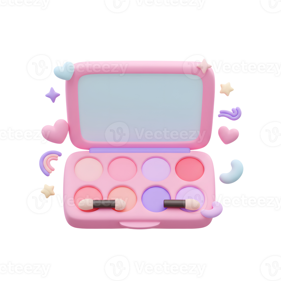 A pink makeup palette features various eyeshadow colors with applicators, surrounded by decorative shapes, and is ideal for beauty related content. png