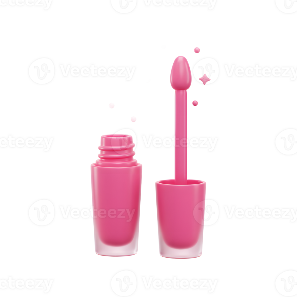 A pink lip gloss bottle is open next to its applicator, with a few star and circle decorations around, perfect for adding color to the lips. png