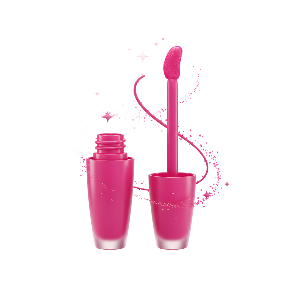 A pink lip gloss bottle is shown with its wand and magical sparkles, used for enhancing lips with vibrant color and a glossy finish. png