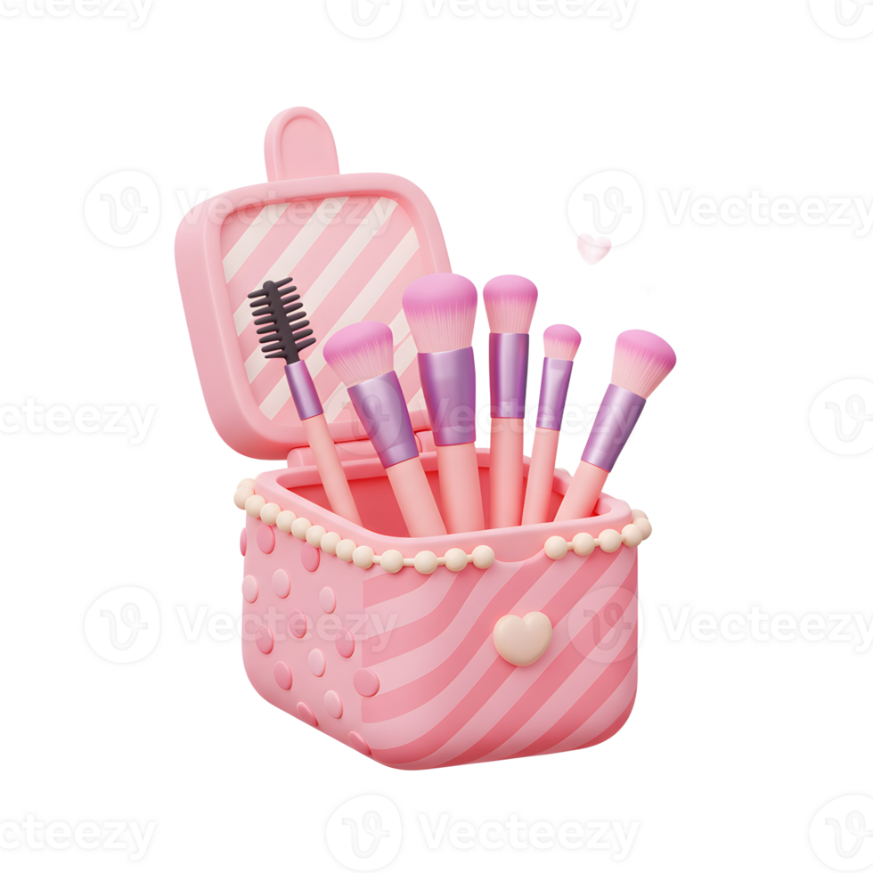 Various makeup brushes are arranged neatly inside a cute pink case, ideal for organizing cosmetic tools. png
