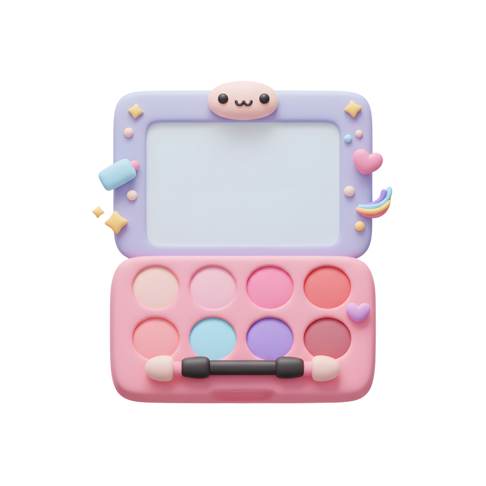 A cartoon eyeshadow palette featuring a variety of colorful shades and cute decorative elements provides options for cosmetic application. png