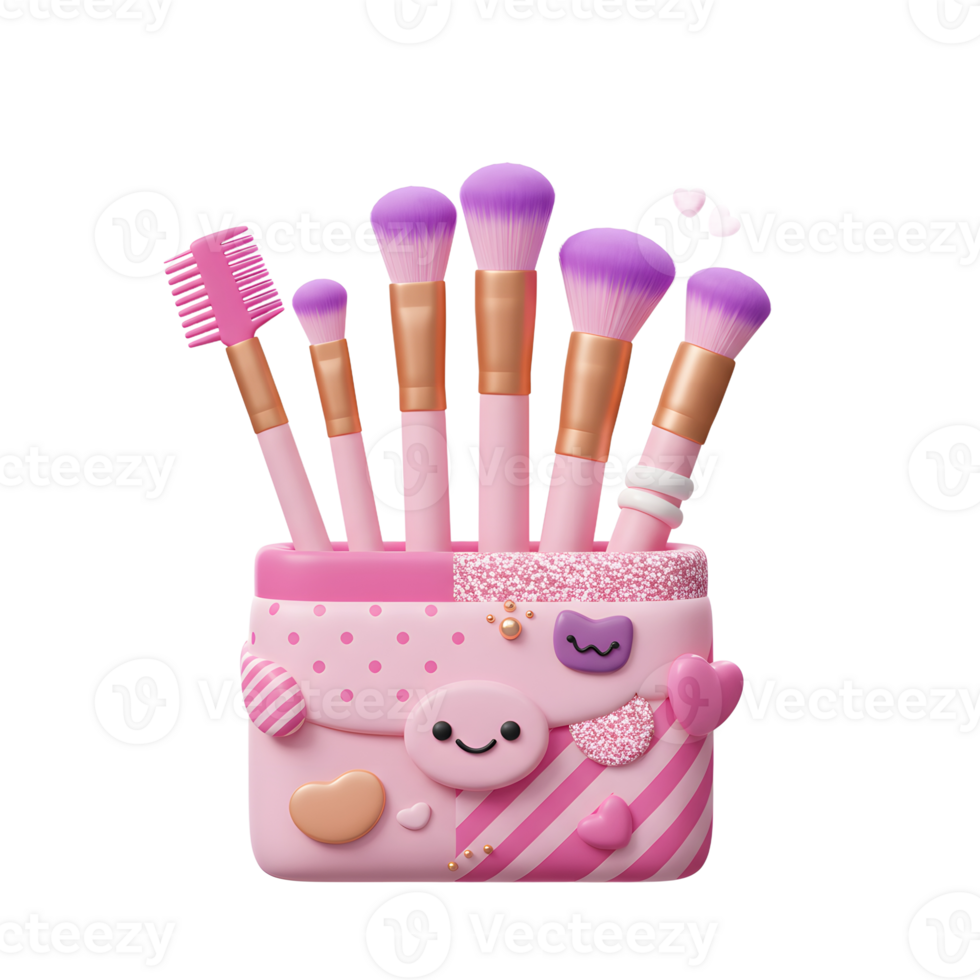 Makeup brush set in a pink holder features hearts and a smiley face design, adding a playful touch to a makeup collection. png