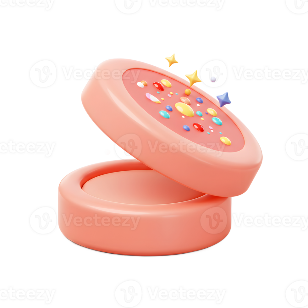 A round, pink container is partially open, revealing colorful sprinkles inside and around it, making it a whimsical decorative item. png