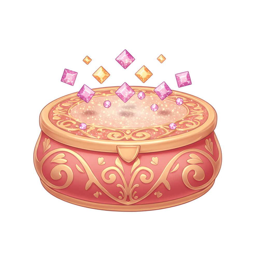 A red and gold jewel box is shown with pink and gold gems floating above it, suggesting it might be used to hold precious stones. png