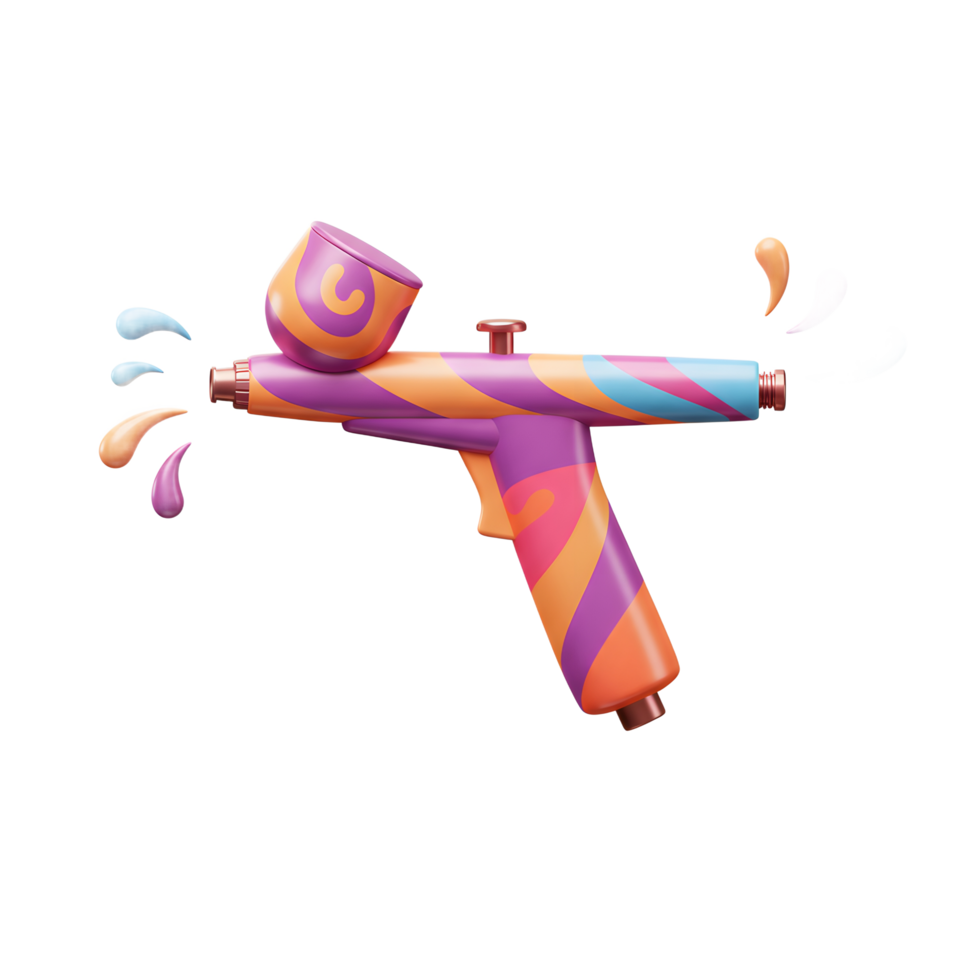 A colorful airbrush is shown with droplets of blue, orange, and purple paint coming out, showcasing its artistic and creative usage. png