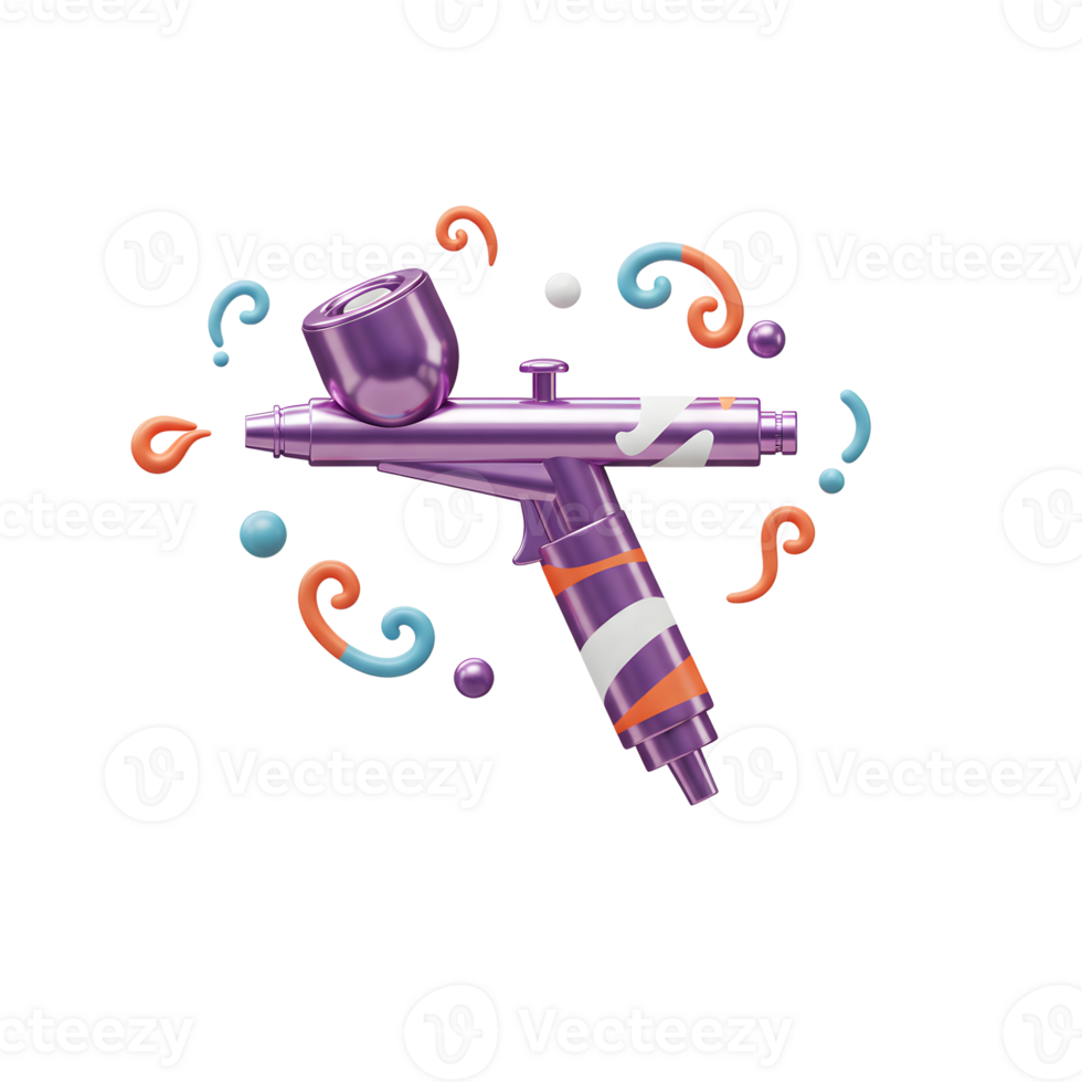 A purple airbrush is displayed surrounded by colorful swirls and spheres, ideal for illustrating artistic applications and decoration. png