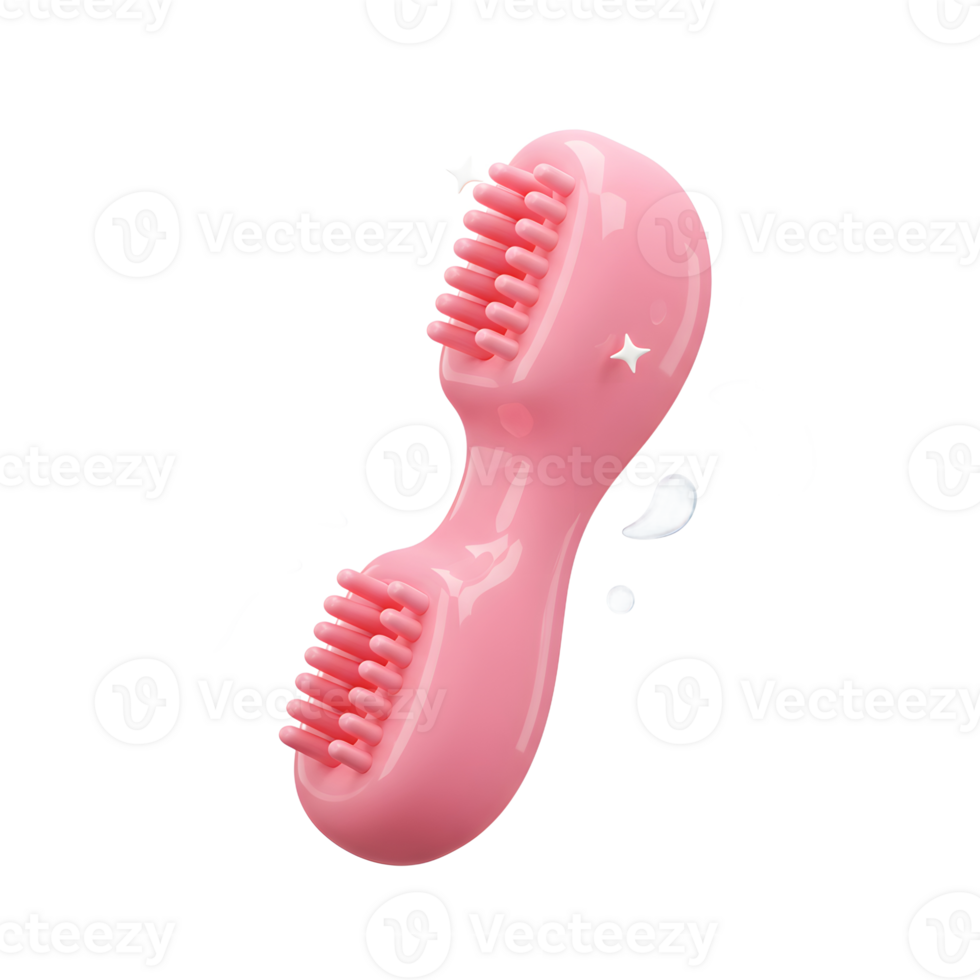 A glossy pink brush surrounded by water droplets and sparkle accents is shown in this 3D rendering, possibly for cleaning or cosmetic application. png