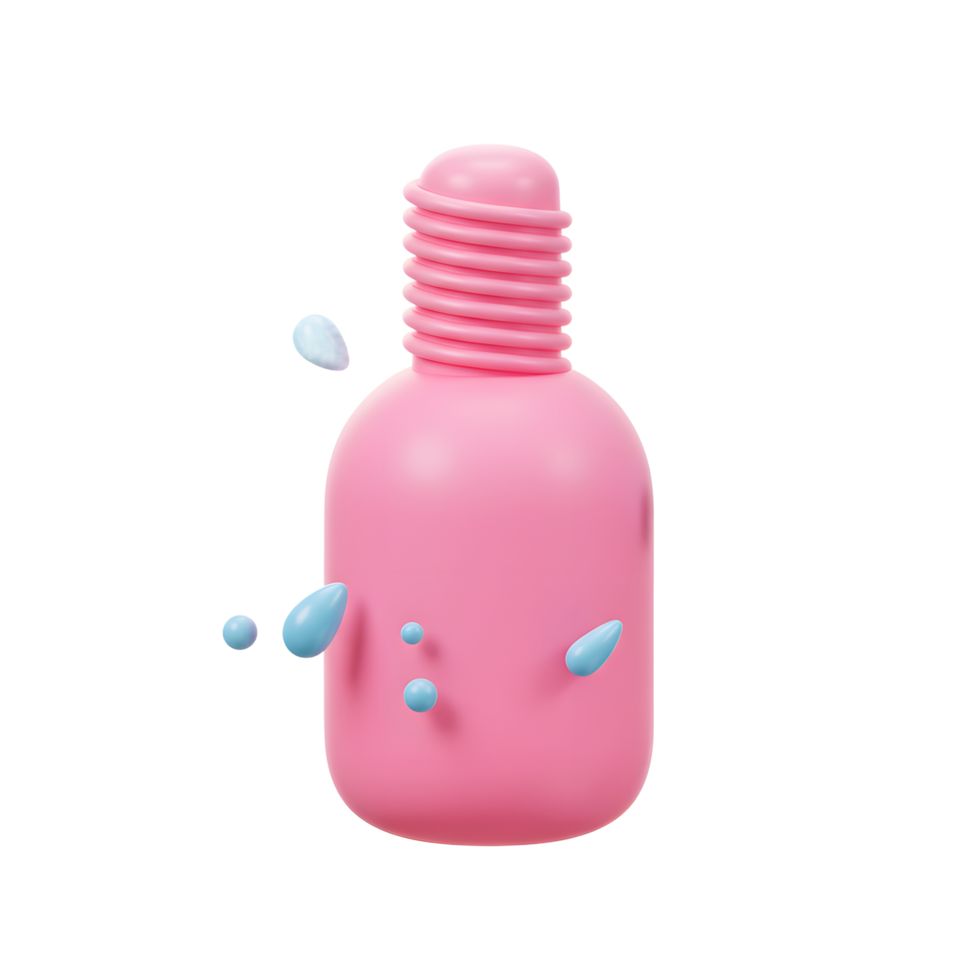 A pink bottle with a ribbed neck is surrounded by blue drops, creating a clean and minimalist aesthetic ideal for product visualization. png
