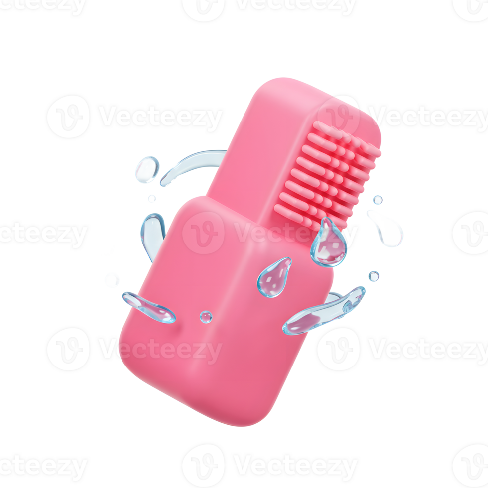 A pink brush is surrounded by water droplets, useful for cleaning or application purposes. png