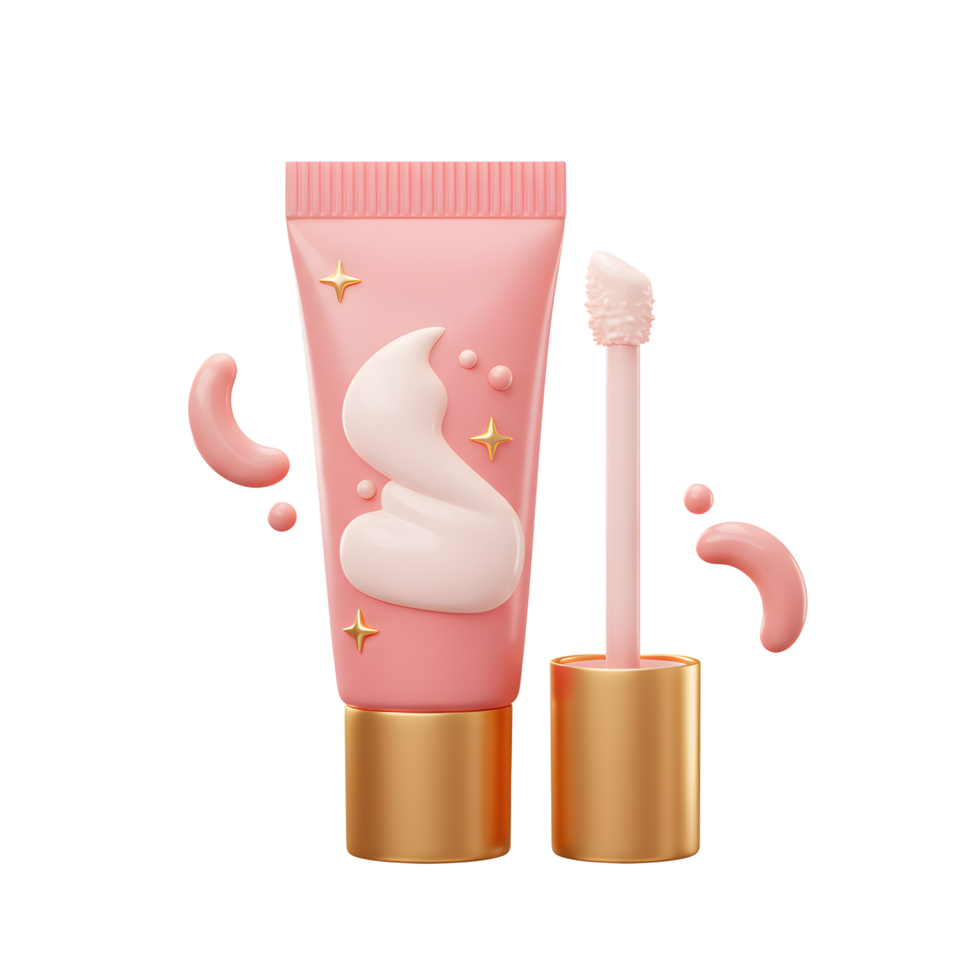 A pink tube of lip gloss stands next to its golden cap, with a wand inserted, surrounded by pink gel drops for cosmetic application. png