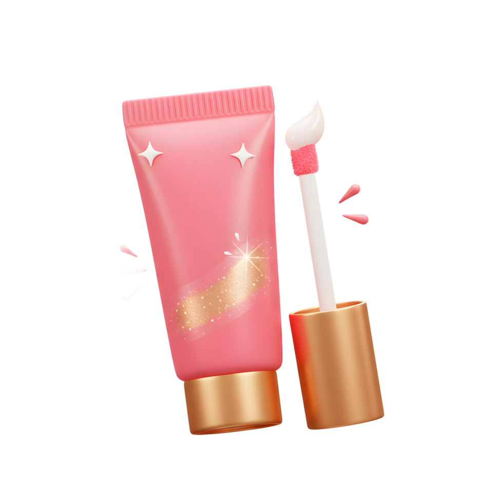 A pink lip gloss tube with a golden cap and an applicator wand sits against a white background, perfect for adding shine to your lips. png