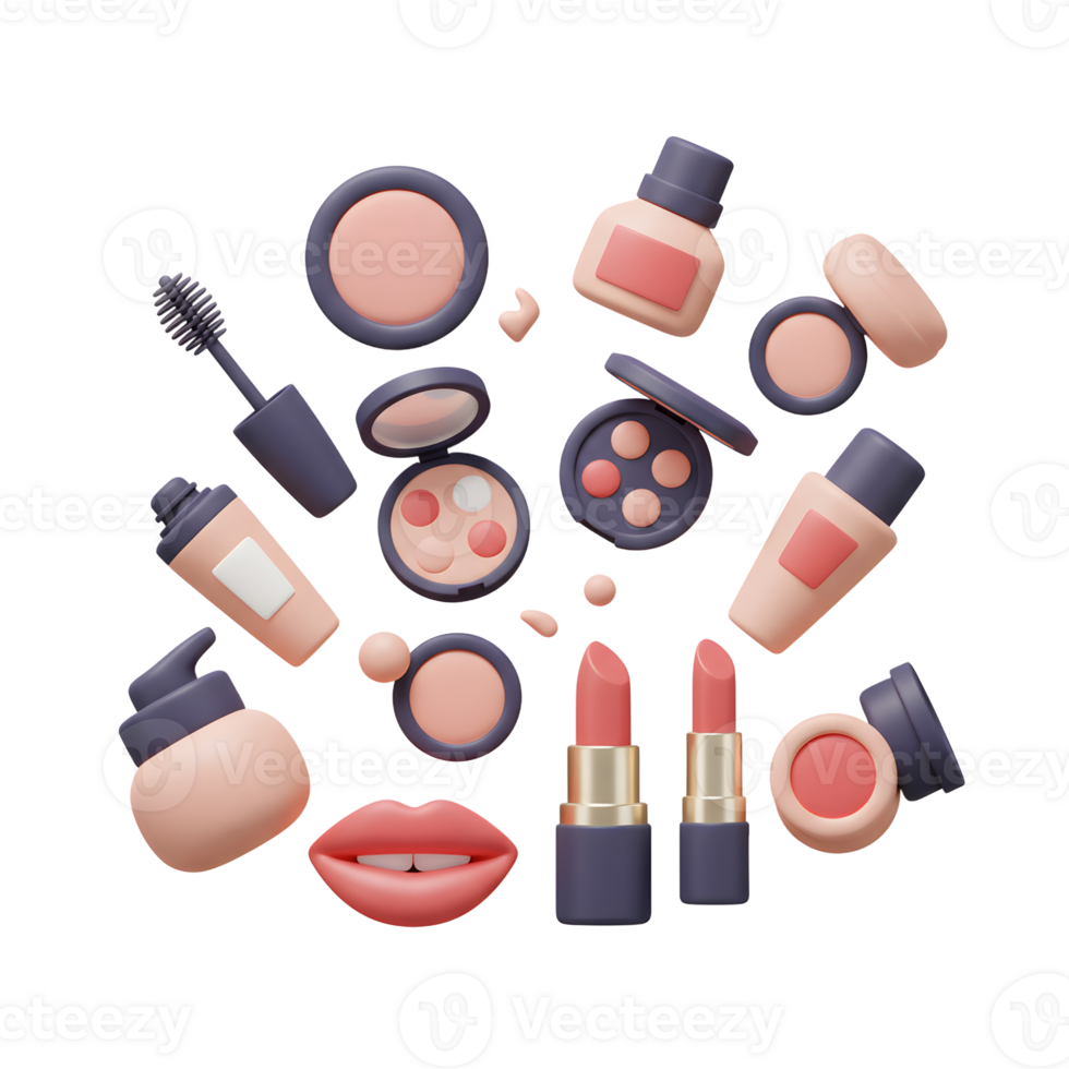 Several makeup items including lipstick, mascara, foundation, and powder are arranged together, showing the various beauty products used for personal care. png
