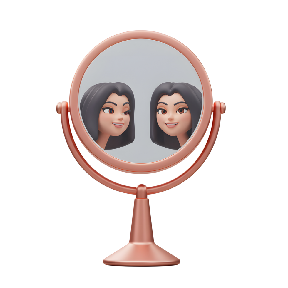 The cartoon woman is seen smiling in a rose gold vanity mirror, which can be used for self reflection. png