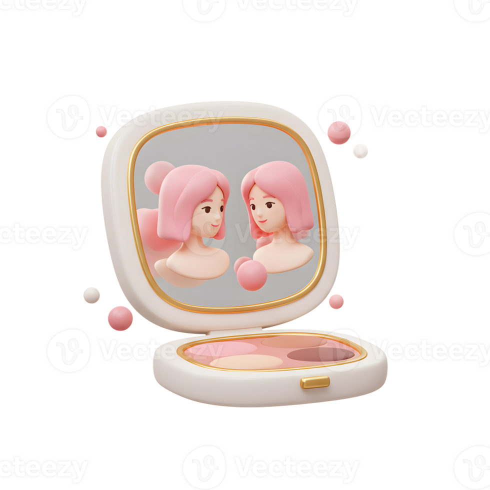 Two woman figures are reflected in a handheld mirror next to a makeup compact containing shades of pink, offering an aesthetic appeal to beauty enthusiasts. png