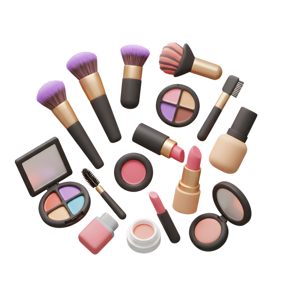 A collection of makeup products and tools are arranged on a white background, useful for creating a beauty look. png