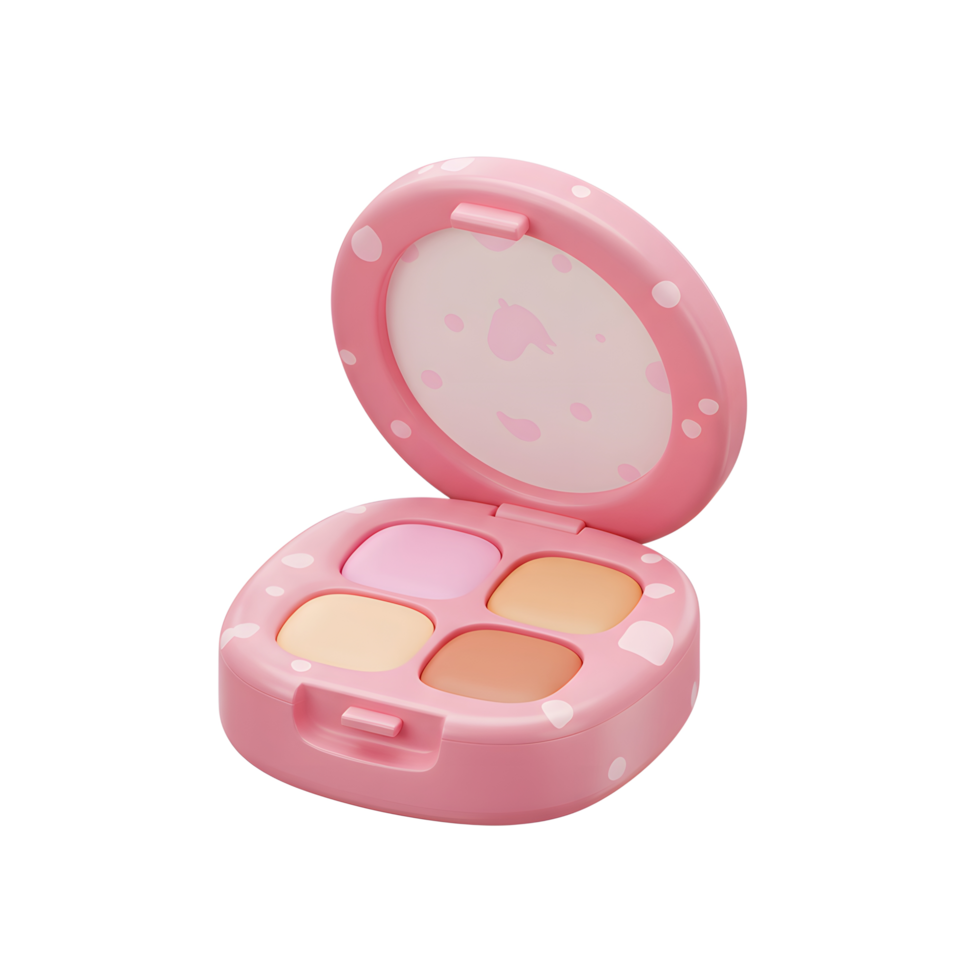 A pink compact makeup palette with four different colored powders and a mirror is displayed against a white background for cosmetic use. png
