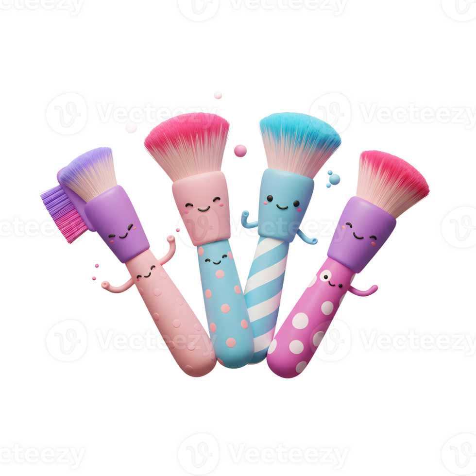 Animated makeup brushes in various pastel colors feature smiling faces and playful designs, ideal for children's educational content and promoting healthy skincare habits. png