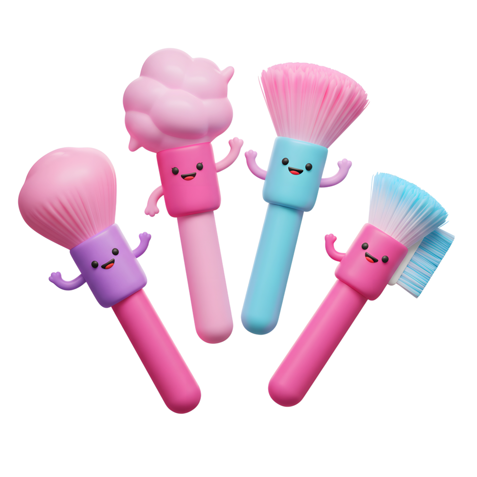 A collection of four cartoon makeup brushes with pastel colors and smiling faces stand out against a white background, perfect for cosmetic application. png