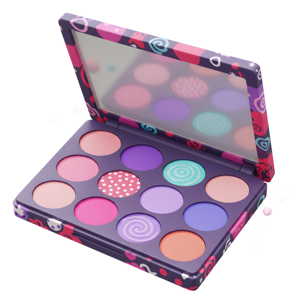 Open eye shadow palette features various round colors and patterns and a mirror, suitable for makeup application. png