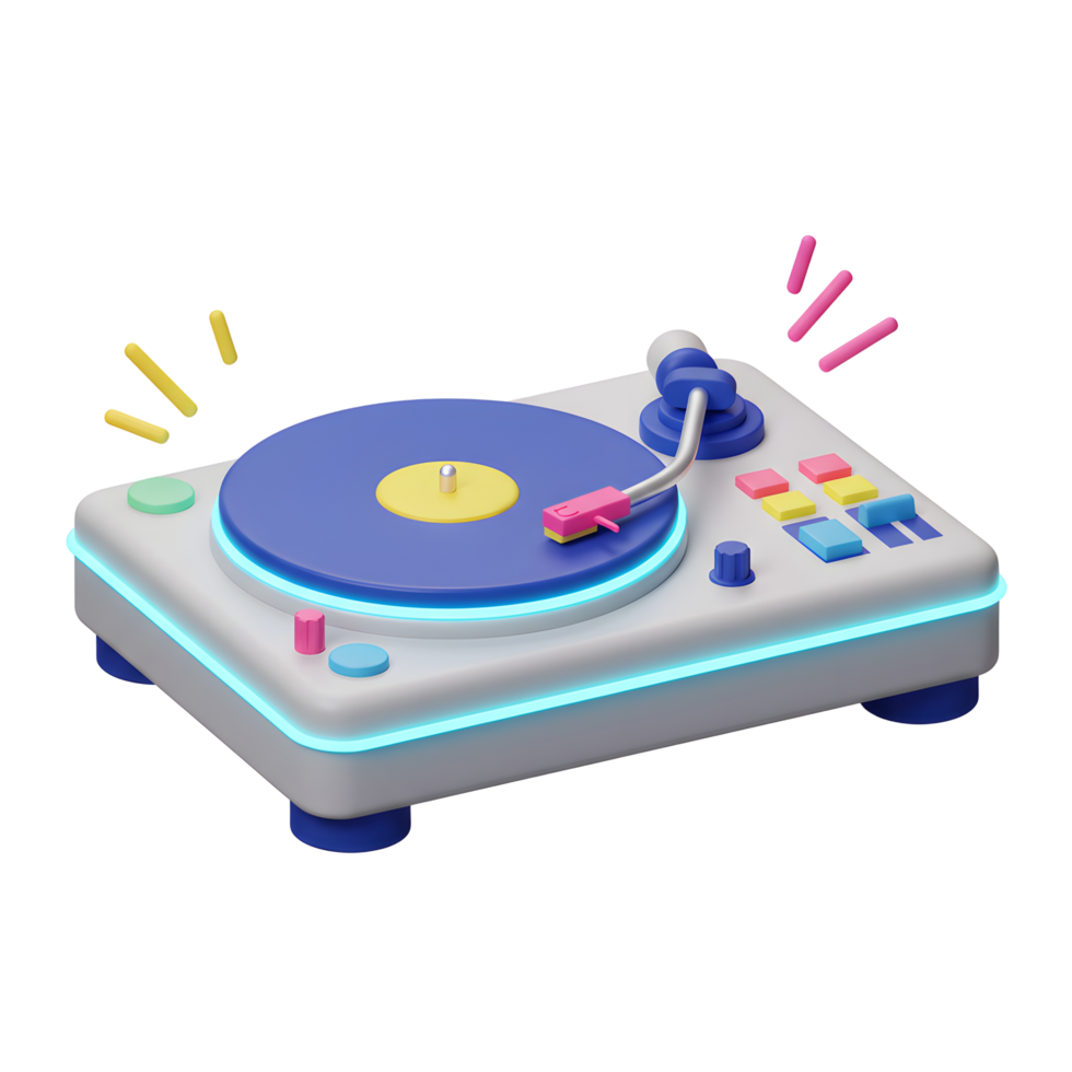 A colorful turntable with a blue record and pink needle is shown playing music, ideal for party themes. png