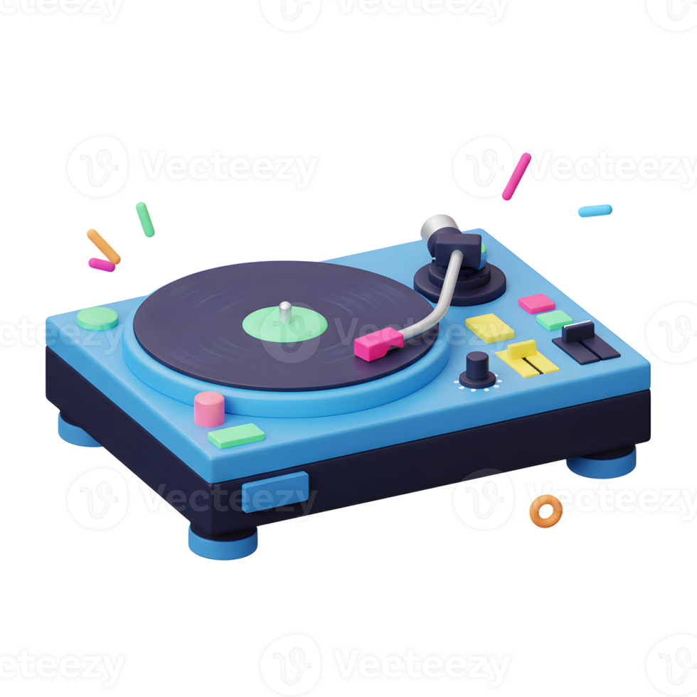A blue turntable with a black record plays music, surrounded by floating confetti, creating a festive atmosphere for entertainment. png