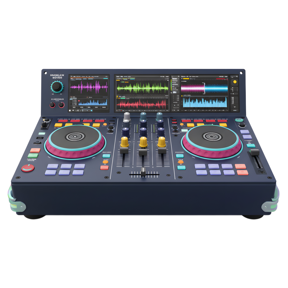 A dark blue DJ controller console features a digital display, knobs, buttons, and turntables, making it perfect for professional music production. png