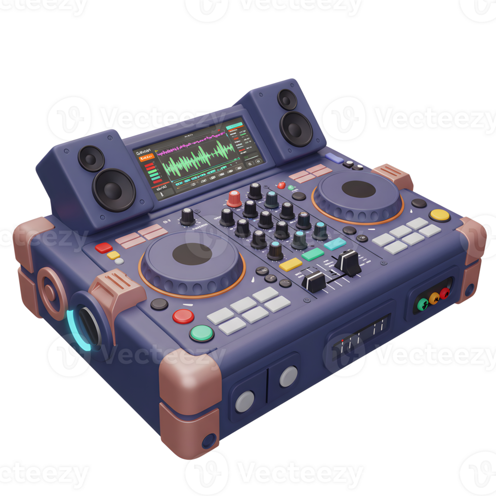 This is a colorful DJ mixer controller featuring knobs, buttons, a screen, and speakers, designed for creating and performing music. png