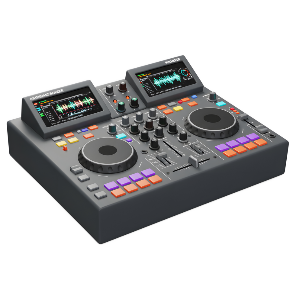 A gray DJ controller with two displays, knobs, buttons, and jog wheels sits against a plain background and is used for mixing audio. png