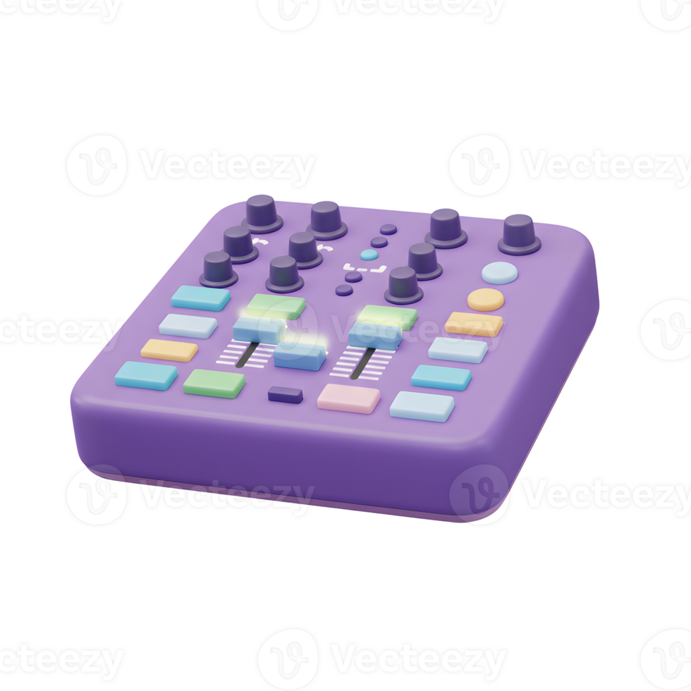 A purple audio mixer with various buttons and sliders is shown on a white background, which can be used for music production. png