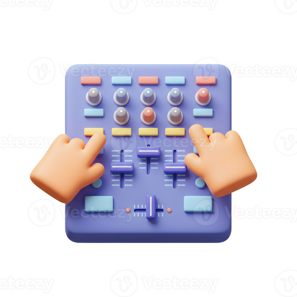 A DJ mixer with two hands adjusting the controls, likely to be used for music production or live performances. png