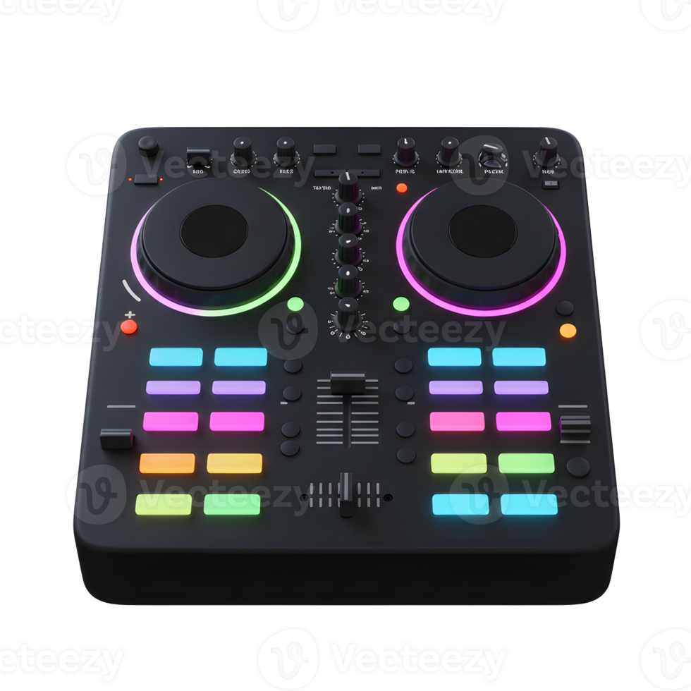 A sleek black DJ controller features round jog wheels and colorful button lights, perfect for creating and mixing music. png