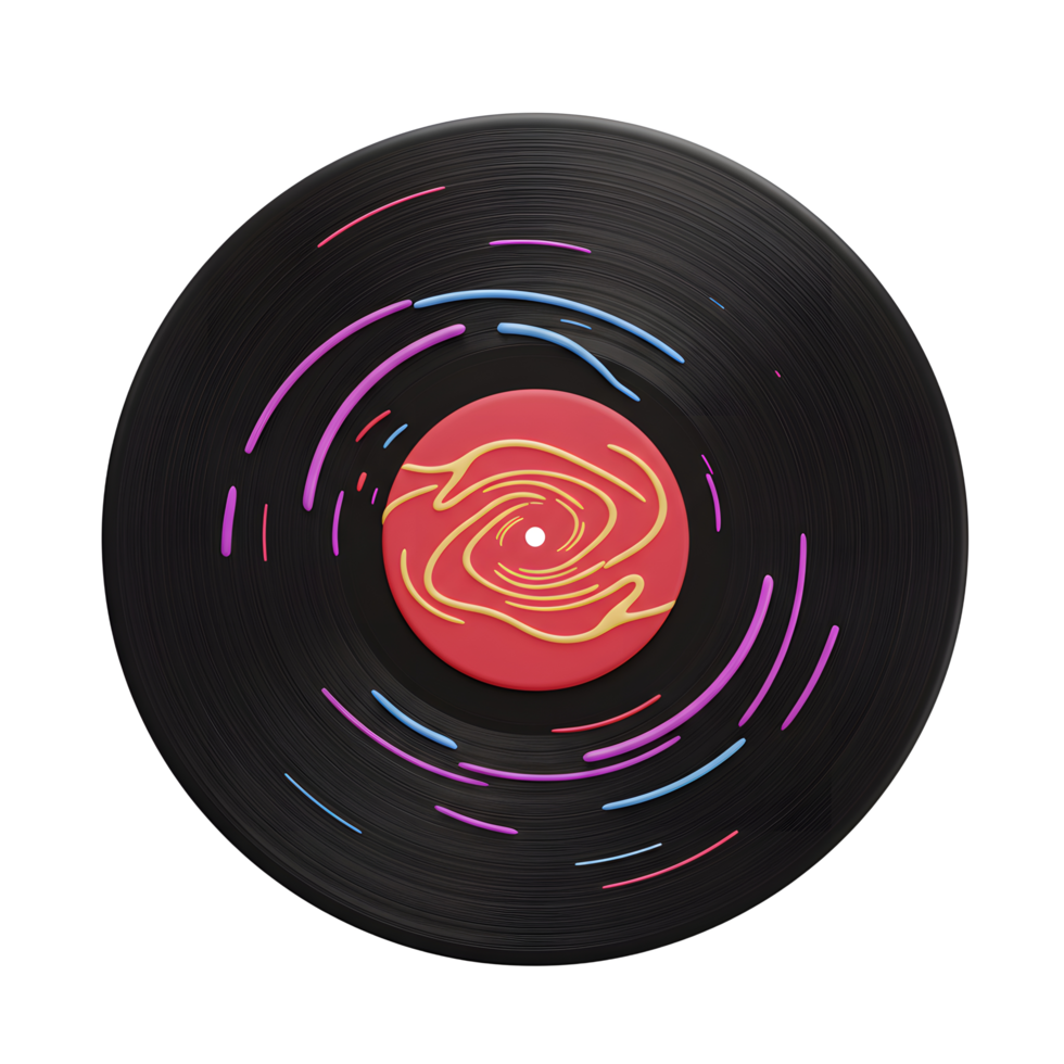 A black vinyl record is decorated with colorful swirls and a red center label, adding a vibrant touch to any music lover's collection. png