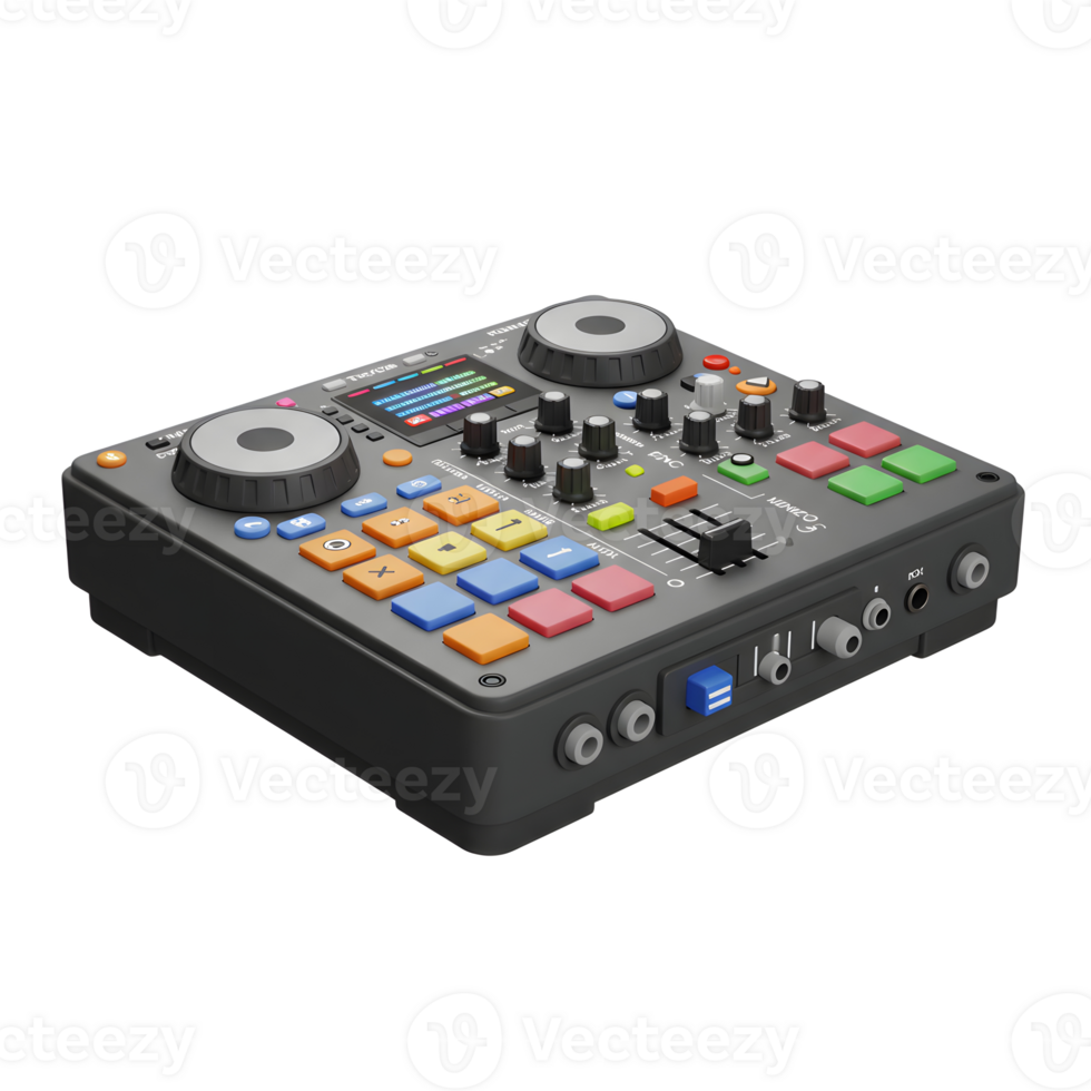 This is a compact DJ mixer featuring multiple buttons, knobs and a slider for creating and controlling music. png