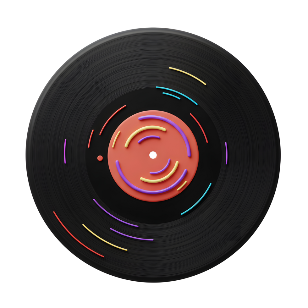 This stylized vinyl record features colorful accents and a red center label, representing a modern take on classic music formats and suitable for creative projects. png