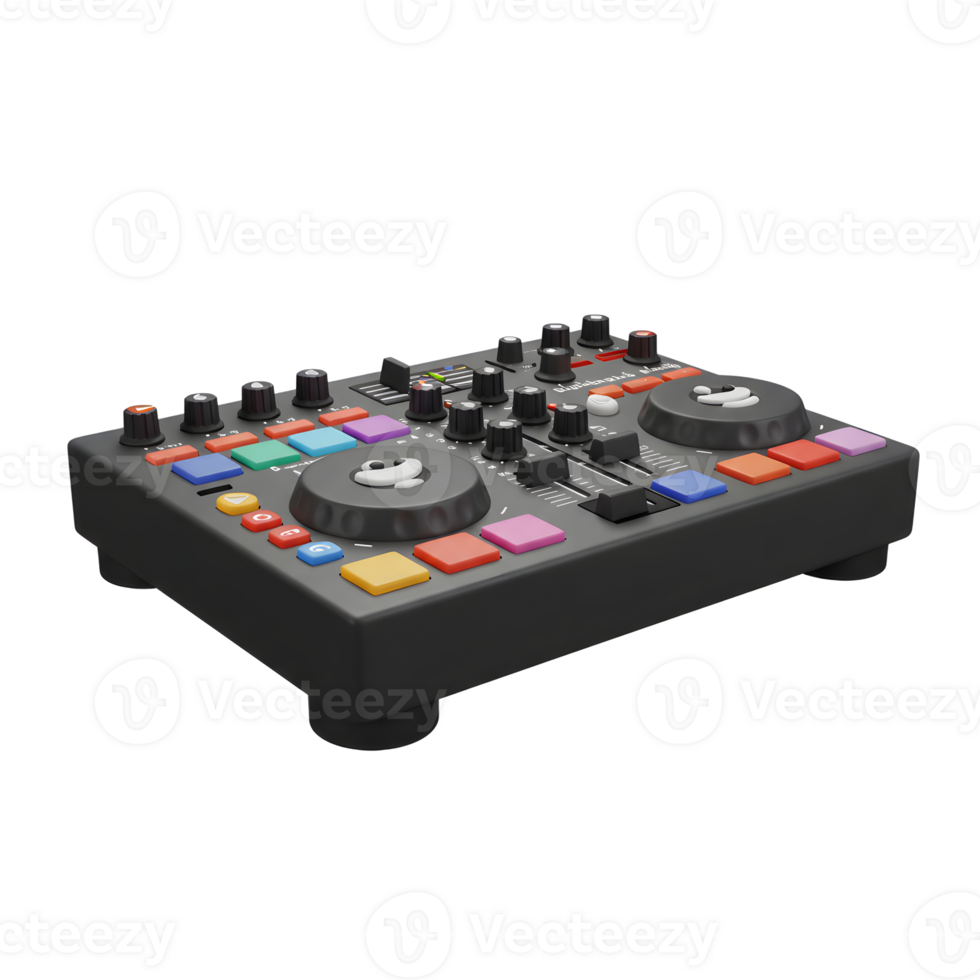 A black DJ mixer controller featuring various buttons, knobs, and sliders offers versatility in creating and mixing music for DJs and producers. png