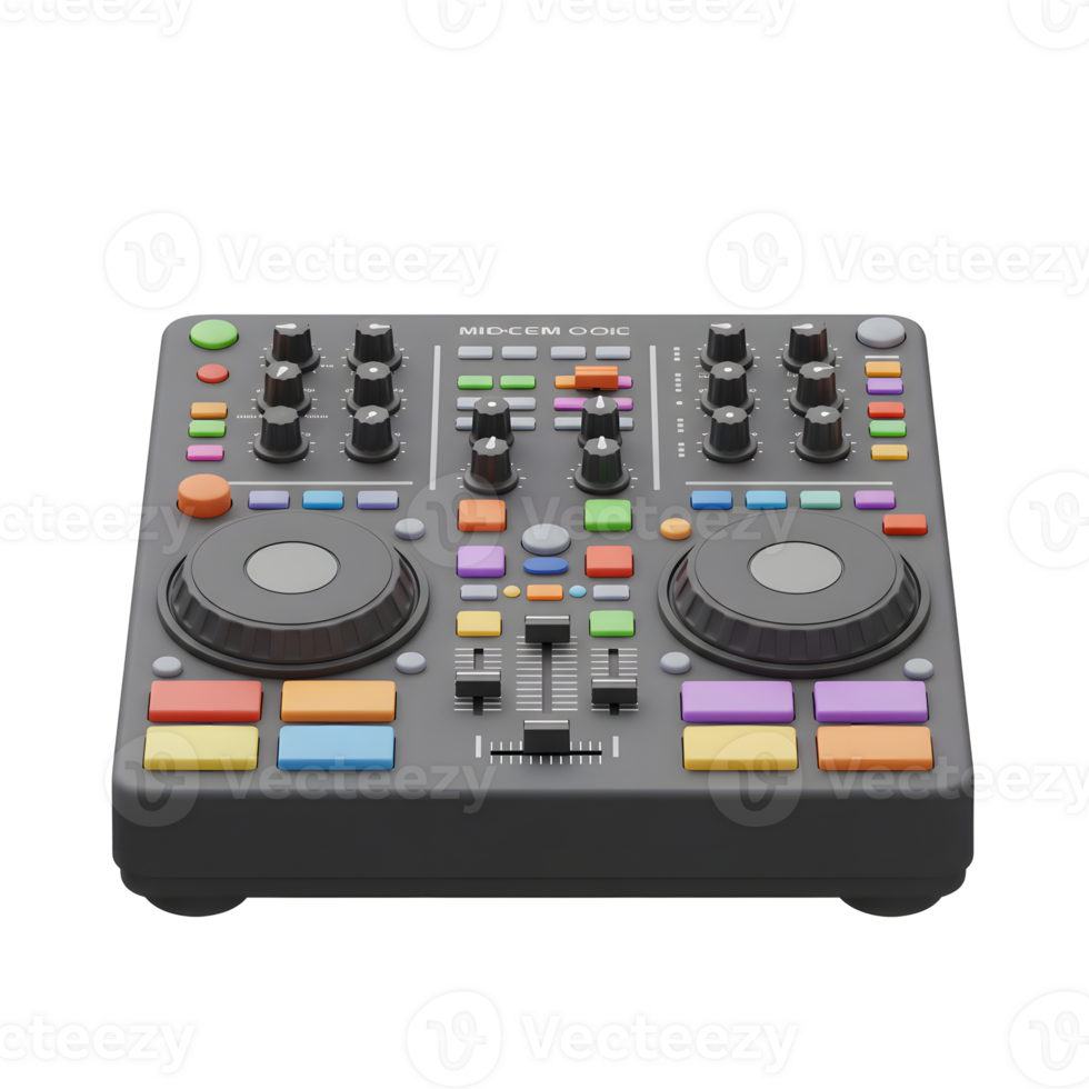 A front view of a black audio mixer with various colorful buttons and dials used to control sound and audio levels. png