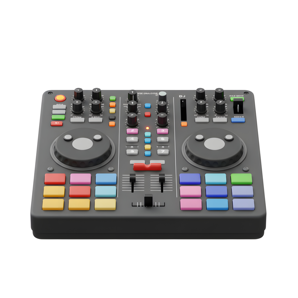 This DJ controller features a variety of knobs, sliders, and colorful pads for music production and live performance. png