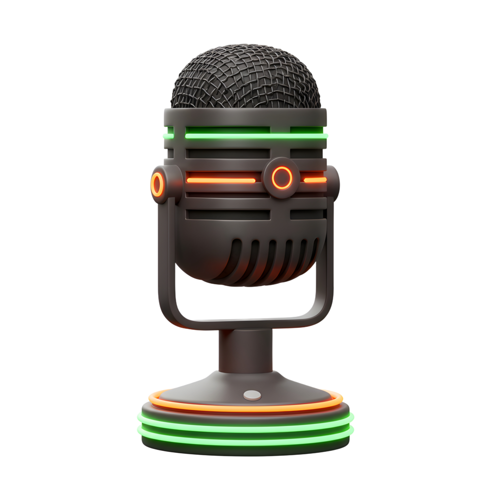 A futuristic microphone with black matte finish and illuminated green and orange lines is designed for professional audio recording. png