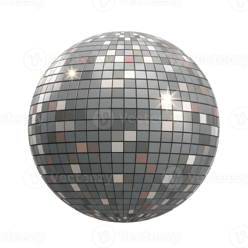 A silver disco ball with square mirrors reflects light to create a festive atmosphere for parties and events. png