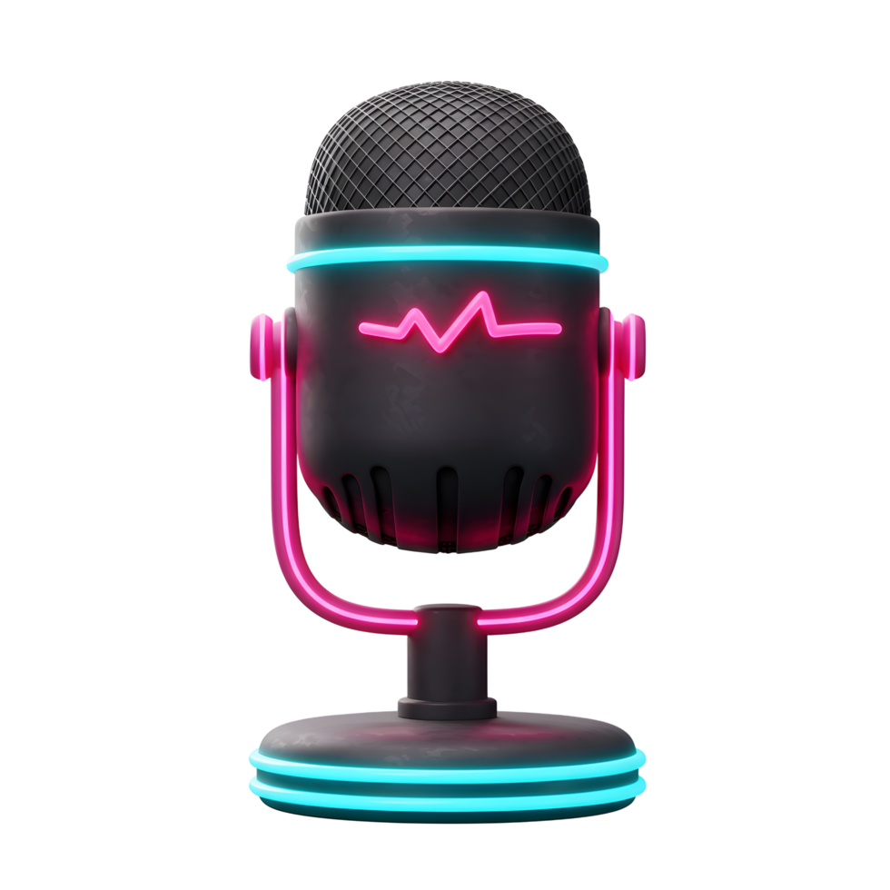This vibrant illustration features a black microphone accented with glowing pink and blue neon lights, perfect for podcasting or recording audio. png
