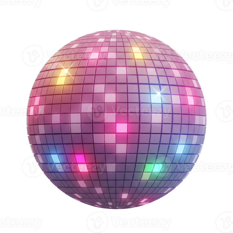 Close up disco ball reflects colorful light in a dark space to create a party mood. png
