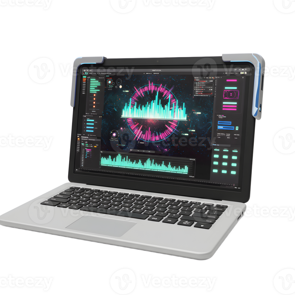 uma computador portátil monitores uma complexo digital interface com gráficos e gráficos, exibindo avançado Programas para dados visualização e análise. png
