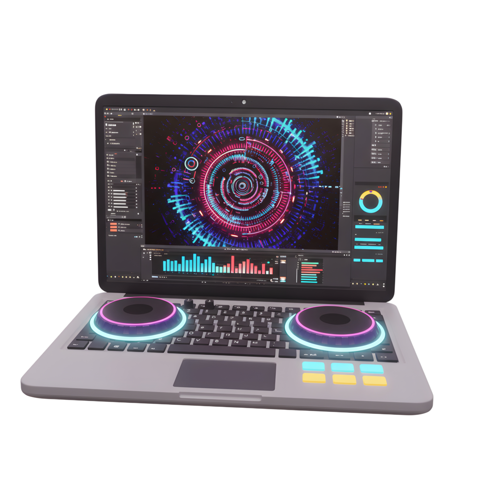 A laptop features a DJ mixer interface with illuminated dials and a screen displaying a futuristic, colorful graphic, perfect for music production or digital art creation. png