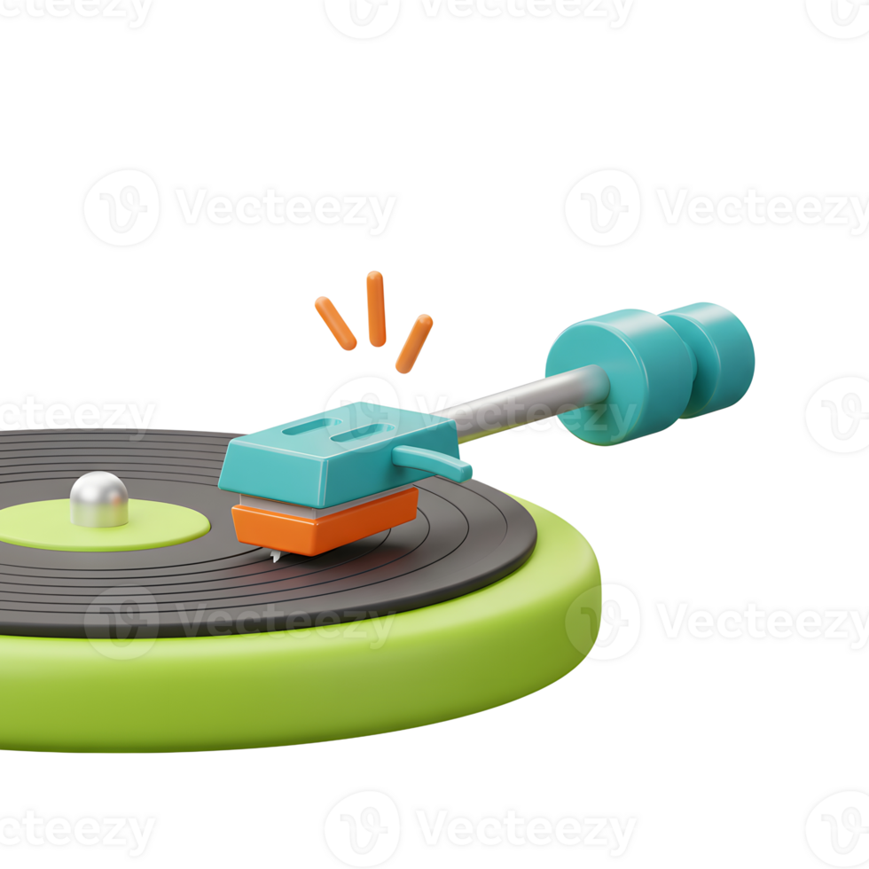 A turntable with a vibrant green base, a black record, and a stylish teal and orange stylus is shown, ideal for listening to music. png