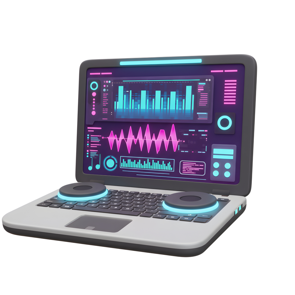 Laptop displays music software interface with neon colors, featuring various sound waves and audio levels, making it ideal for music production or DJing. png