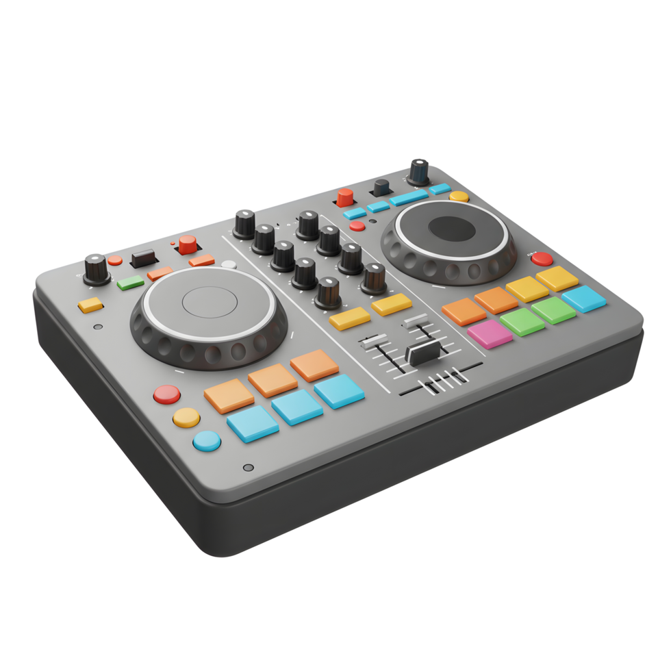A gray DJ mixer controller with colorful buttons and knobs is seen at an angle for playing music. png